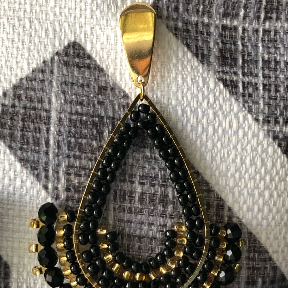 Gold teardrop earrings with black & gold beads - Picture 3 of 5